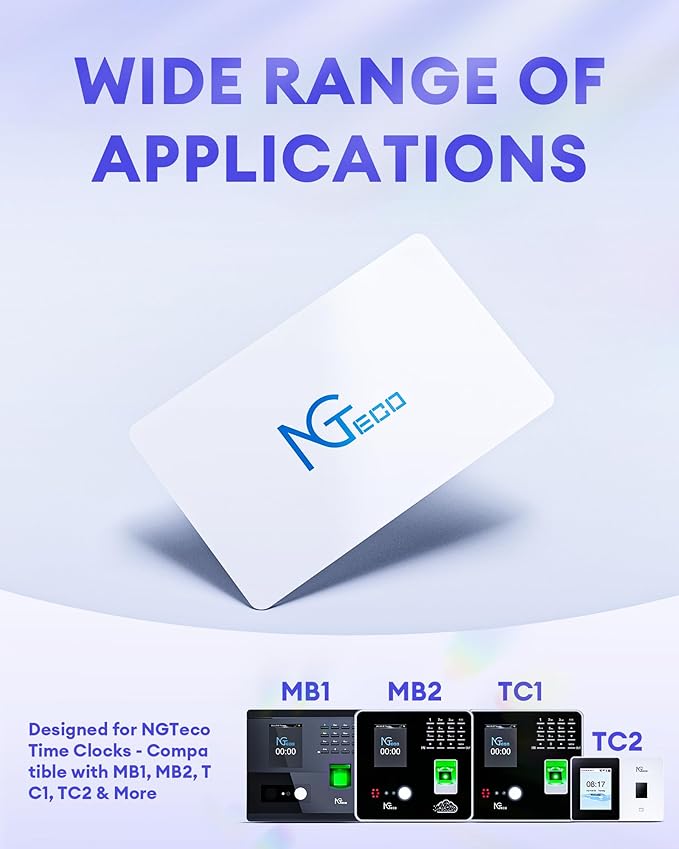 NGTeco Smart Time Card PVC Employee ID Card MB1, MB2, TC1, TC2, TC3, TC7 Time Clocks, Waterproof & Durable, 10 PCS