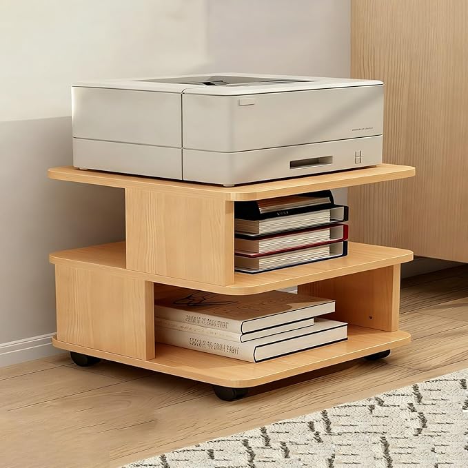 Under Desk Drawer Wooden 2 Tier Printer Shelf with Storage，Mobile Cart Wooden File Cabinets with Open Storage Shelf(Applewood,15.7x15.7x11.8in)