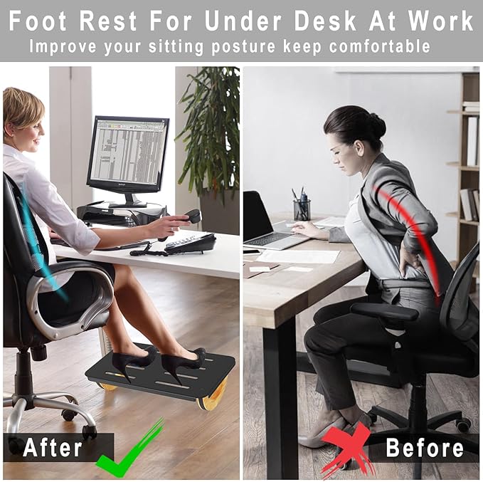 Ergonomic Rocking Foot Rest for Office, Wooden Footrest for Posture Support & Blood Circulation, Under Desk Chair Foot Rest Metal for Relieve Back, Lumbar Pain