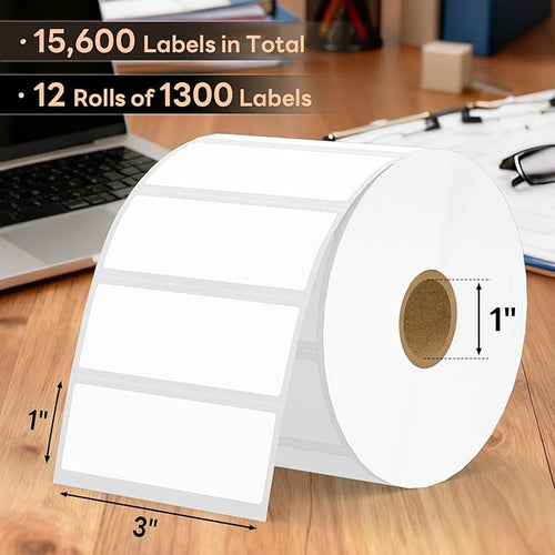 3" x 1" Direct Thermal Labels, Strong Adhesive Barcode & Return Address Stickers Compatible with Zebra, Rollo, Munbyn & Most Desktop Thermal Printers (12 Rolls / 15600 Labels), TRSTGIX