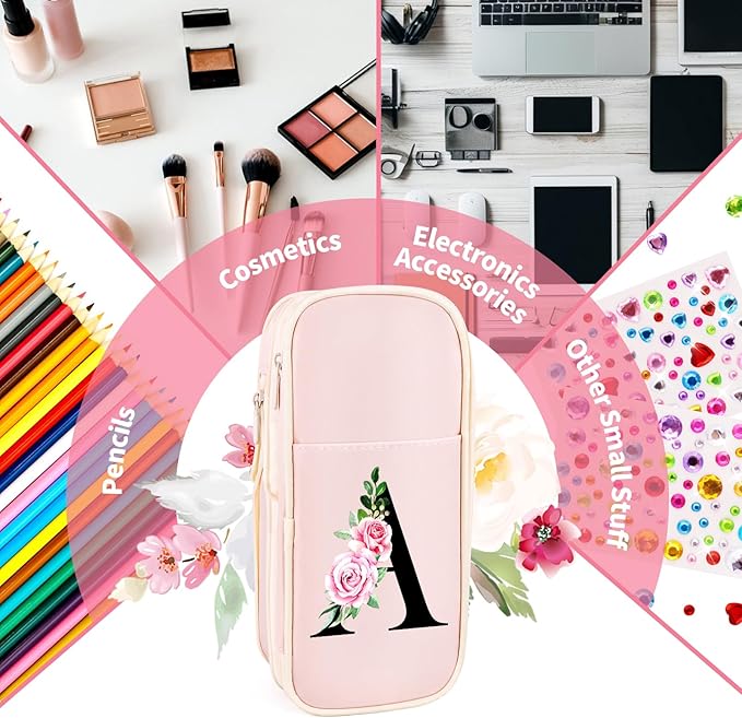 Preppy Pencil Case for Girls, Cute Large Pencil Pouch, Personalized Initial Pencil Bag with Zipper for School College Office Supplies, Back to School Supplies Gifts for Teen Girls (N, Pink)