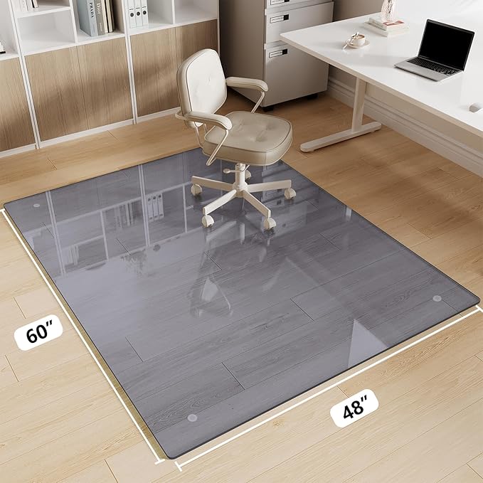 FlyEcho Glass Chair Mat 48" x 60" Heavy Duty Tempered Glass Office Chair Mat, Glass Floor Mat with Round Corner and Polished Edge for Smooth Glide, Carpet Hardwood Floor Protector,Grey