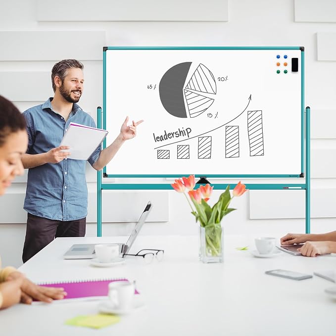 Large Dry-Erase Rolling Magnetic Whiteboard - 48 x 32 Inches Dry Erase Board with Stand Height Adjust Double Sides Mobile White Board Easel on Wheels with 25 Sheets Paper Pad Office, Home & Classroom