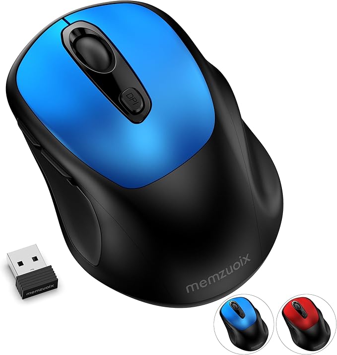 memzuoix Wireless Mouse, 2.4GHz Nano Receiver, 3 DPI Levels (800/1200/1600), 6 Buttons, Compatible with PC/Mac/Laptop (Blue)