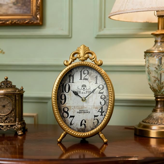 Vintage Gold Table Clock, Retro Oval Desk Clock with Romanesque Frame, Silent Non-Ticking Decorative Clock for Living Room Bedroom Office, Elegant Gift for Home Décor Lovers