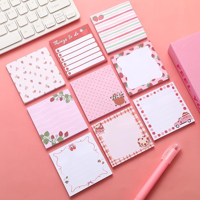9 Pads Strawberry Sticky Notes 3x3 Inch Cute Self Stick Notepads Notes Adhesive Memo Pad Office Decor Gifts for Students School Teacher Meeting Office Supplies