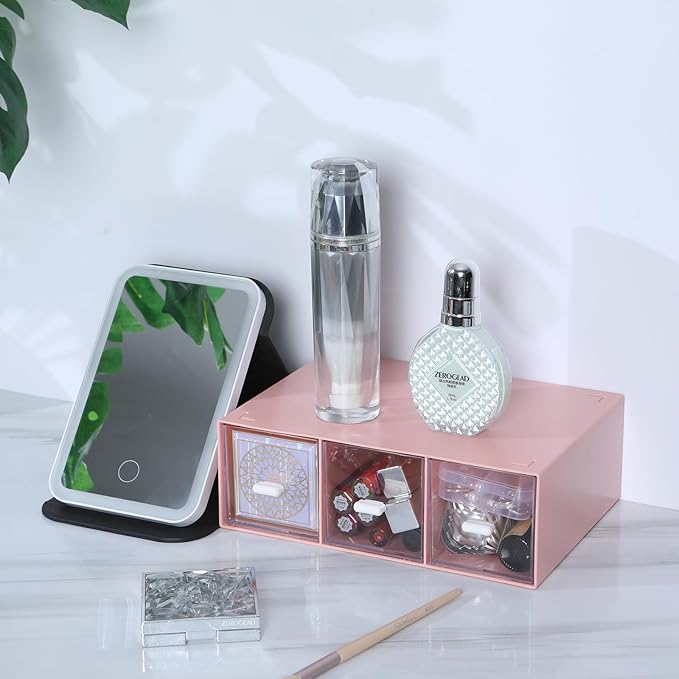 Desktop Drawers, Desk Organizer with 3 Drawers, Stackable Plastic Storage Box for Home Collection, Cosmetics, Office Supplies (1 Tall Layer, Pink)