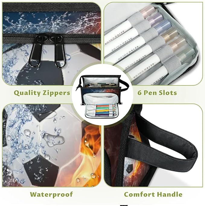 Pardick Large Capacity Pencil Case Pouch, Water Fire Soccer Portable Zipper Pencil Cases Pencil Bag Office Stationery Bag Makeup Bag Desk Organizer for Women Men