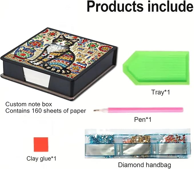 Cat Diamond Painting Kit Note Box,Cute Memo Paper Storage Box Diamond Art,Sticky Note Holder Diamond Art,Diamond Painting Memo Pad For Office Desk. (Cat)