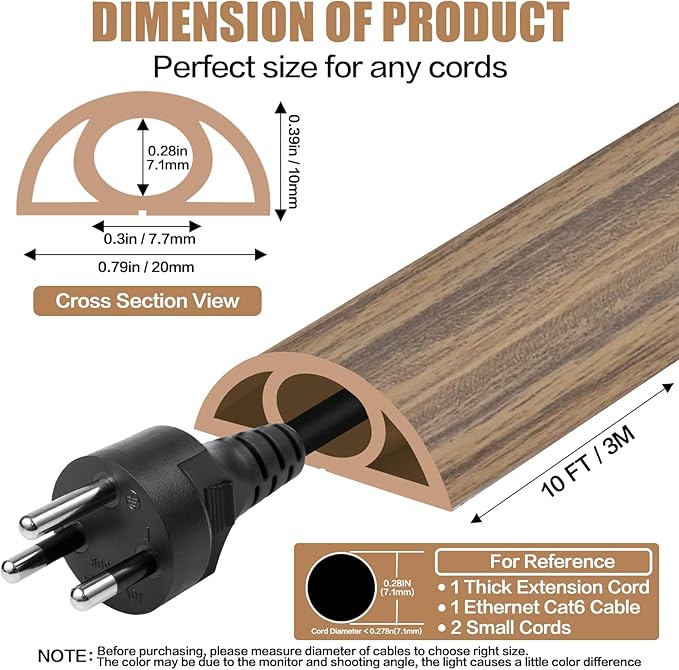 Floor Cord Cover Self Adhesive Cord Hider,10FT Cable Management, Extension Strip Protector for Wires, Prevent Cable Trips for Offices, Gyms, Exhibitions Cavity:0.3"(W) x0.28(H) Woodsmokedbrown