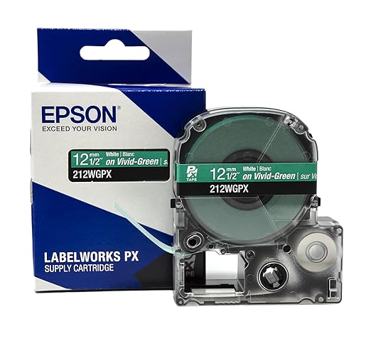 Epson LABELWORKS 212WGPX Genuine PET (Polyester) Tape Cartridge - White on Green Label Maker Tape - 1/2" (12MM) Wide, 30'