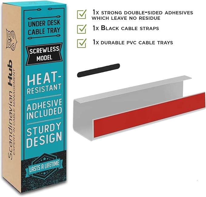 No-Screw Under Desk Cable Management Tray - Self-Adhesive Installation, Cord Management, Cable Tray, Under Desk Wire Organizer - White Single Tray