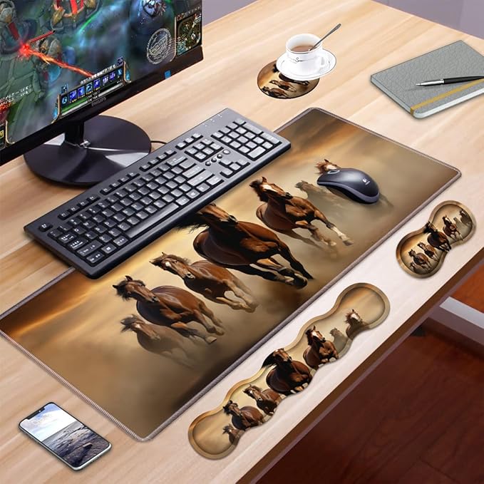 Ergonomic Keyboard Wrist Rest and Mouse Pad Wrist Rest Set, Large XXL Gaming Mousepad 31.5"x 11.8", Memory Foam, Easy Typing Pain Relief, Multifunctional Desk Mat for Office & Home, Galloping Horse