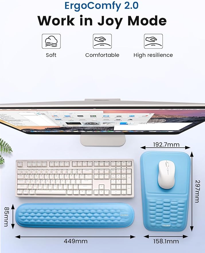 Vaydeer Wrist Rest for Computer Keyboard & Mouse Pad Set – Blue, Ergonomic Memory Foam Wrist Support, Non-Slip Keyboard Wrist Rest & Soft Mouse Pad for Typing Comfort & Wrist Pain Relief