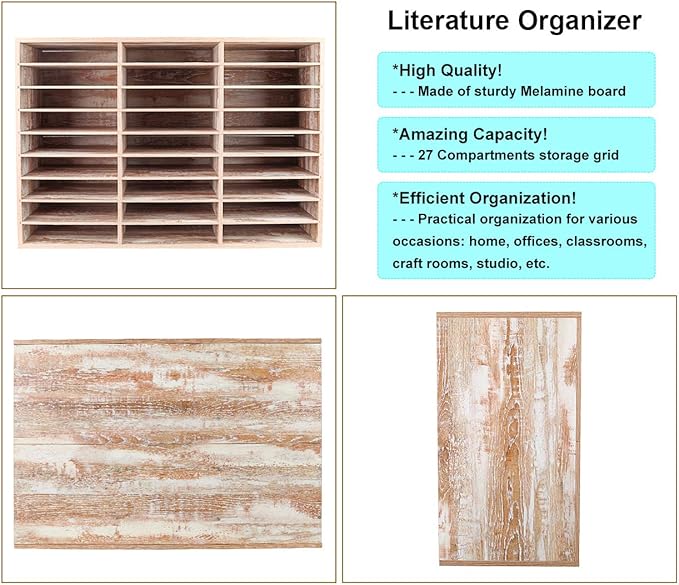 PAG Mail Sorter, Wood Literature Organizer, Student Mailbox for Classroom, Desktop Bill Paper Organizer for Office Home School, 27 Compartments, Retro White