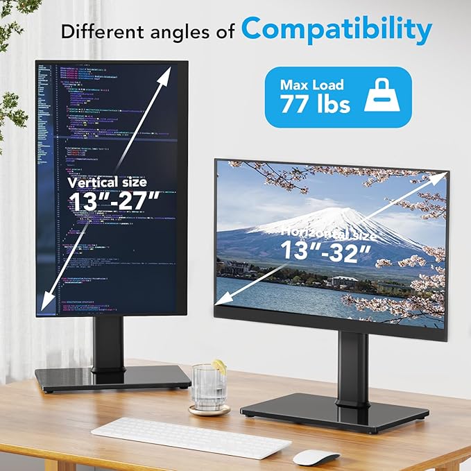 AX WABER Single Monitor Desk Stand Free-Standing Desk Mount Arm Riser for 13 inch to 32 inch Screen Freestanding VESA Mount Base, Adjustable Height, Tilt, Swivel, Rotation, Black AX05TB01