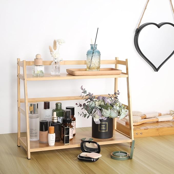 2-Tier Ladder Desktop Bookshelf, 19.69" Wide Wooden Countertop Storage Hutch for Office, Dorm and Home, Desk Organizer for Books and Decor