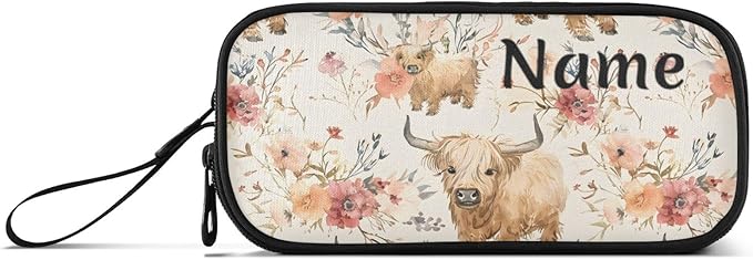 Custom Cute Highland Cows Flowers Pencil Case Box Boys Girls Personalized Name Large Pencil Pouch Stationery Pen Bag Organizer for Kids Adults School Office