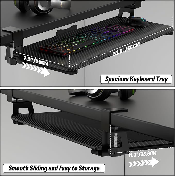 ERGOMAKER Keyboard Tray Under Desk, Pull Out Keyboard Tray with C Clamp Mount, 25.6" (29.7" Including Clamps) x 11.8" Slide-Out Computer Drawer for Typing, Keyboard & Mouse Tray, Black Carbon Fiber