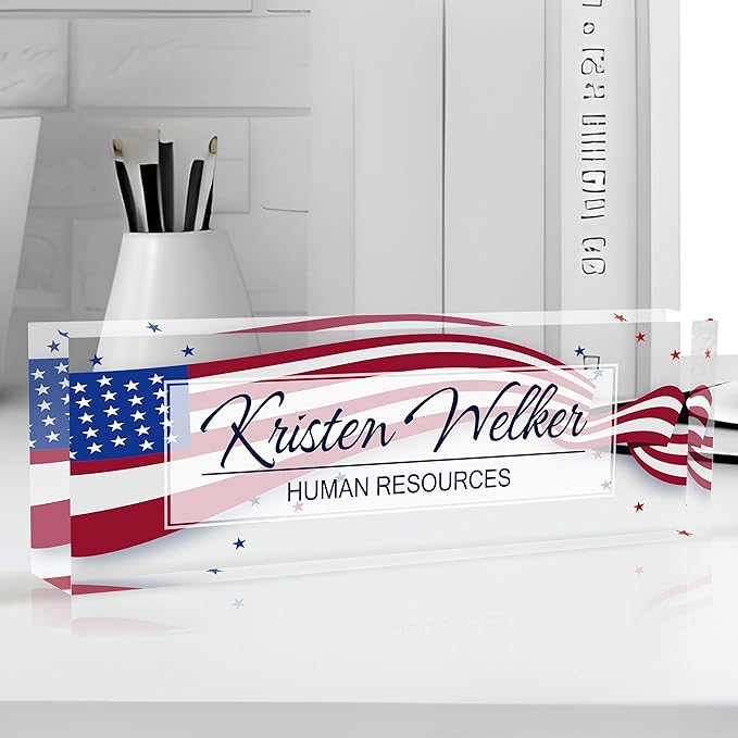 Personalized Name Plate for Desk Custom Acrylic Desk Name Plate Custom Employee Appreciation Gifts Office Gifts for Women, Men, Boss, Coworkers, Teacher, Nurse (Flag 2)