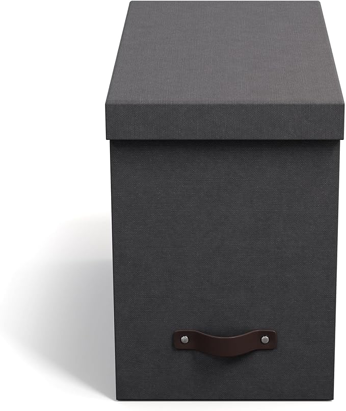 Bigso John Desktop File Box - Storage Solution and Document Organizer for Important Paperwork - Durable Hanging File Box with Lid and Leather Handle - 7.36 in x 13.26 in x 10.51 in - Black