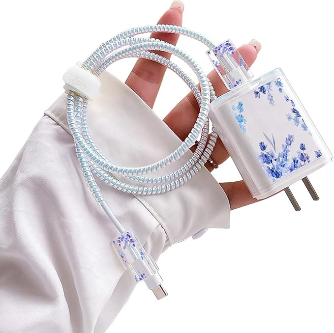 Cute Flower DIY Protectors Cable Protector for iPhone Charger,Kawaii Purple Lavender Pattern,Data Cable USB Charger Data Line Earphone Wire Saver for iPhone X 13 12 11 Pro Max