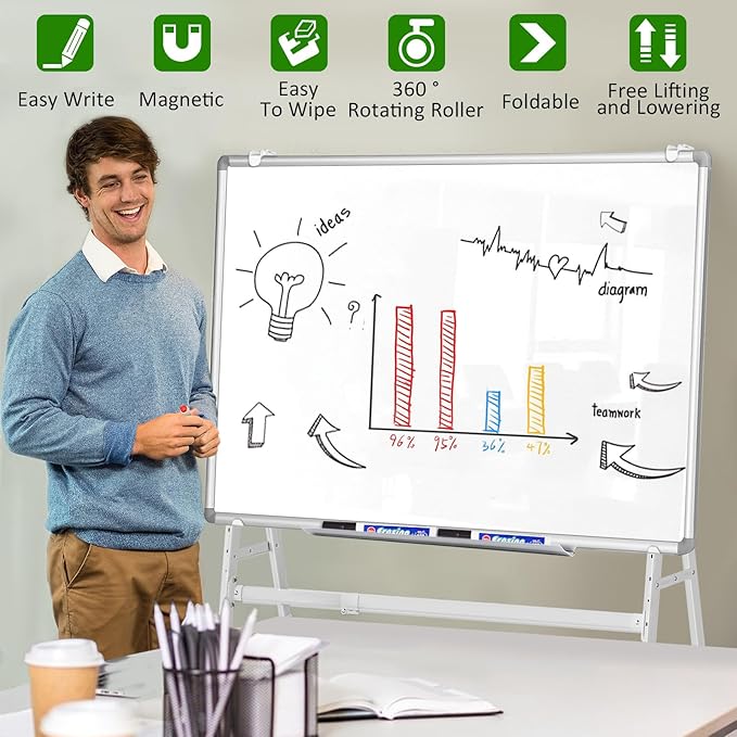 Double-Sided Magnetic Rolling Whiteboard, 48x36 Dry Erase Board - Adjustable Height & Width, A-Frame Foldable Easel Stand on Wheels