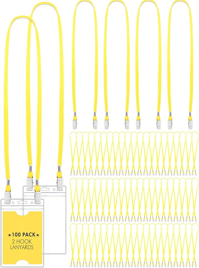 Patelai 100 Pack Double Clip Lanyards Bulk Face Mask Lanyard Twist Free 2 Hook Design Adjustable Badge Neck Strap for ID Name Badge Holder School Conference Office Class Essential (Yellow)