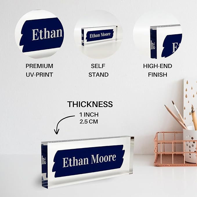Customized Clear Acrylic Thick 8x3" Desk Name Plate Block with Personalized Logo - Professional Office Decor - Customized Acrylic Plate Gift for Teacher Co-workers, Christmas Gifts for Her, Thanksgiving Gifts (Navy Brush)