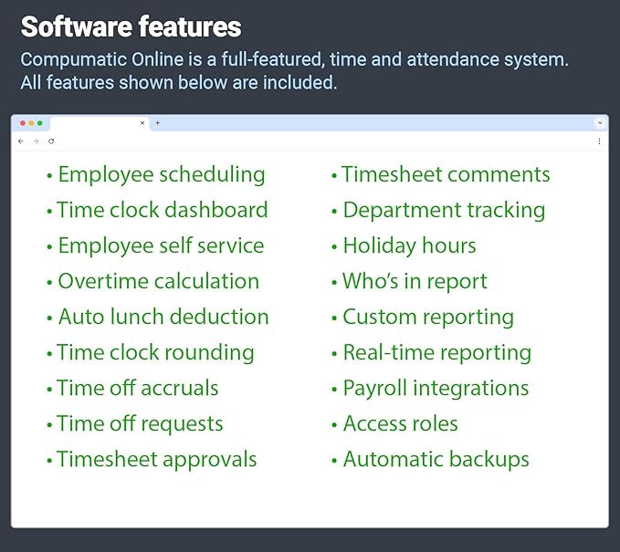 COMPUMATIC PIN Entry and RFID Time Clock with Online Cloud Hosted Software, Automatic Real-Time Punch Upload with WiFi or Wired Ethernet Connection