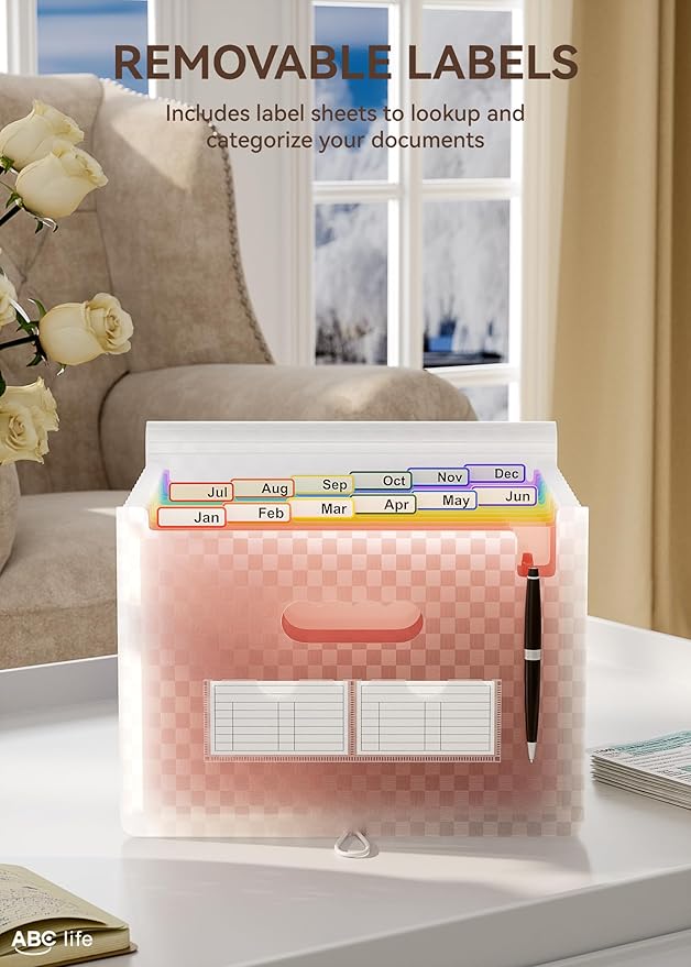 ABC life 12 Pockets Accordion File Organizer Expanding File Folders, Portable Monthly Bill Receipt Document Organiser, Expandable Accordian Filing Folder Letter A4 Size, Colored Tabs (Pink)
