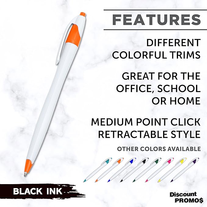 DISCOUNT PROMOS Slim Curvy Ballpoint Pens Set of 10, Bulk Pack - Black Ink, Retractable, Great for Office, School, Tradeshows - Orange