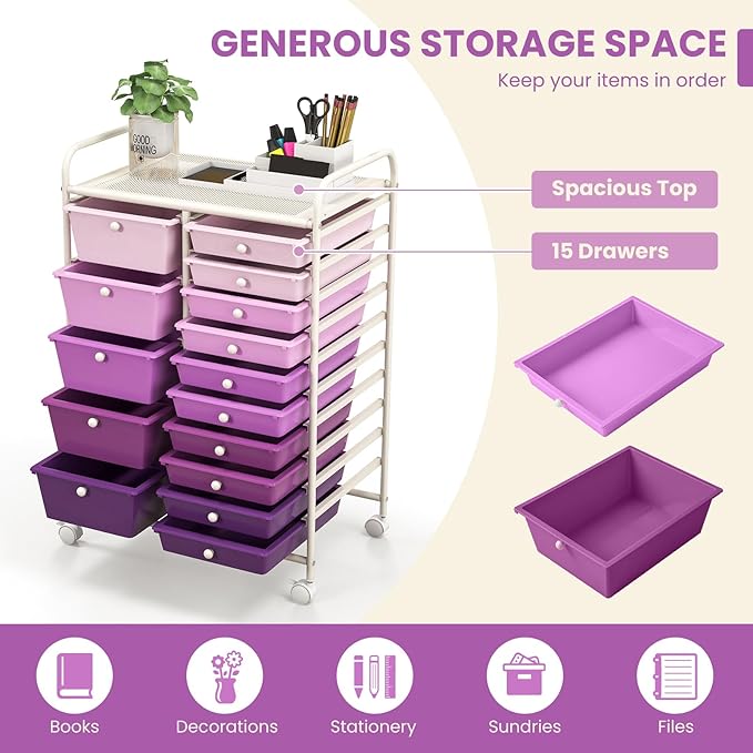ARLIME 15-Drawer Storage Cart, 15 Drawer Trolley, Rolling Organizer Cart, Scrapbook Paper Organizer, Suitable for Office and School, Rolling Office Storage Tools (Purple Gradient)