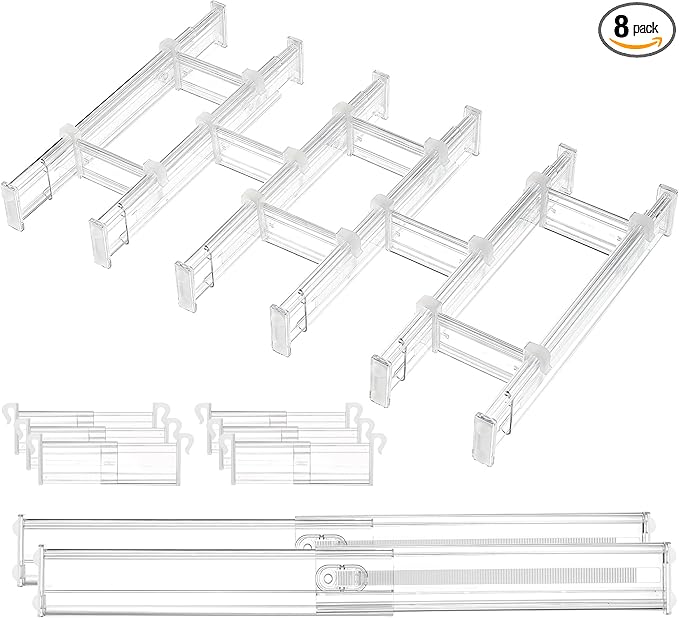 Vtopmart 2.36” Drawer Dividers with Expandable Inserts, 12.8"-22.3" Adjustable Kitchen Drawer Organizer, Clear Plastic Organizer Separator for Flatware, Utensil, Cutlery, 8 Dividers with 14 Inserts