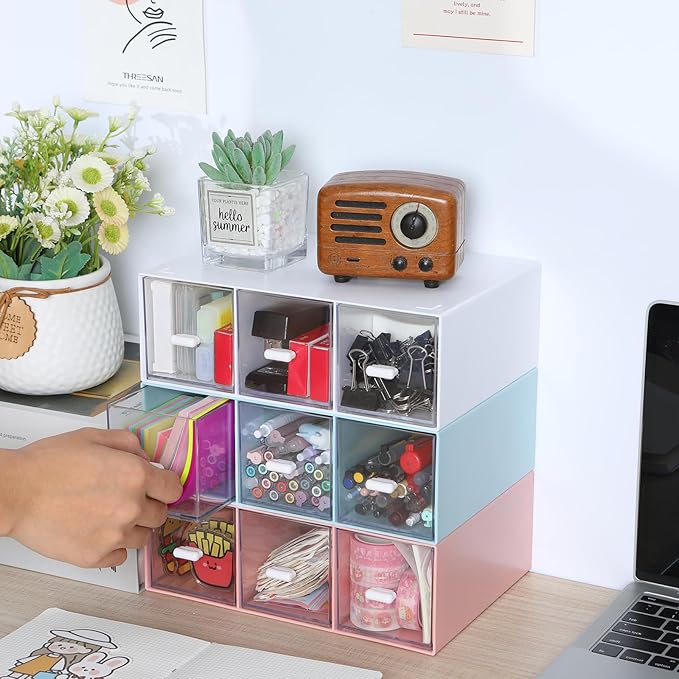 Desktop Drawers, Desk Organizer with 9 Drawers, Stackable Plastic Storage Box for Home Collection, Cosmetics, Office Supplies (3 Tall Layers, Mixed Colors)