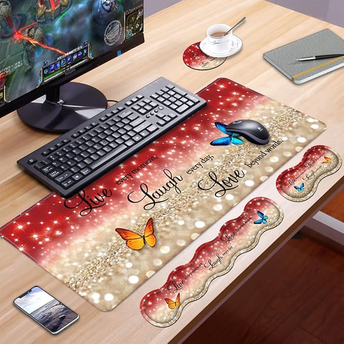 Ergonomic Keyboard Wrist Rest & Mouse Pad Wrist Rest Set,Large XXL Gaming Desk Mat 31.5"x 11.8",Non-Slip Base, Memory Foam,Easy Typing Pain Relief for Office & Home,Red Glitter Quote Live Laugh Love