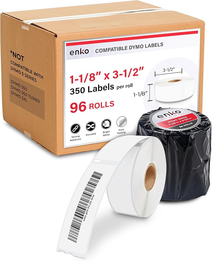 enKo Compatible for Dymo 30252 Labels (1-1/8" x 3-1/2") - Label for Dymo Labelwriter 450 Turbo Printer and 4XL - Direct Thermal Address, Shipping and Barcode Label (96 Rolls | 33,600 Labels)