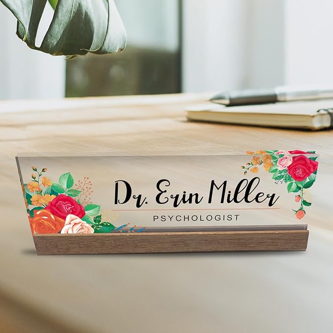 Artblox Personalized Office Desk Name Plate and Business Card Holder | Clear Acrylic Glass with Teak Wood Stand |Mixed Flowers Design Customized with Your Name and Credentials Office Desk Décor