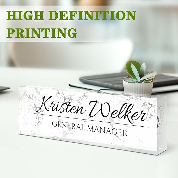 Name Plate for Desk, Desk Name Plate Personalized, Office Decor for Women Men, Acrylic Desktop Accessories, Office Appreciation Gifts for Boss Social Workers Nurse Teacher Employee (White Marble)