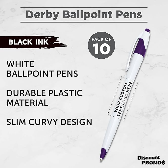 DISCOUNT PROMOS Custom Slim Curvy Ballpoint Pens Set of 10, Personalized Bulk Pack - Black Ink, Retractable, Great for Office, School, Tradeshows - Purple