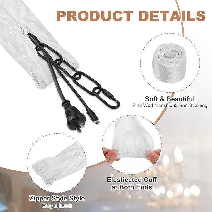 PATIKIL 2.6ft Chandelier Chain Cord Cover, 2 Pcs Velvet Cloth Fabric Chain Sleeve Decorative Cord Covers for Chandelier Wires Swing Cable, Zipper Style, White