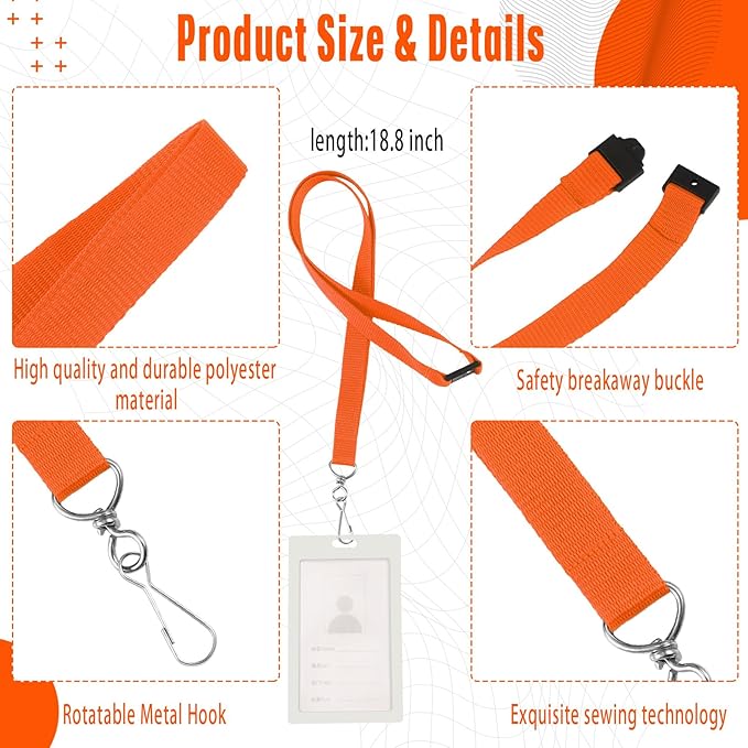 Patelai 60 Pcs Breakaway Lanyards with J Hook Bulk Flat for ID Badges Neck Badge Lanyards Card Nametag Holder Neck Straps (Orange)