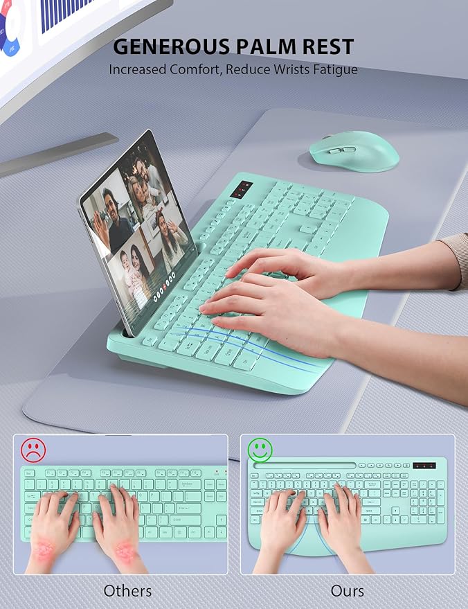Wireless Keyboard and Mouse Combo - Full-Sized Ergonomic Keyboard with Wrist Rest, Phone Holder, Sleep Mode, Silent 2.4GHz Cordless Keyboard Mouse Combo for Computer, Laptop, PC, Mac, Windows (Green)