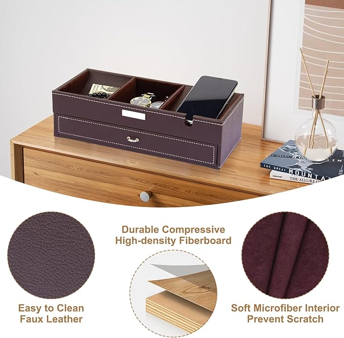 Baoyun Mens Valet Tray, Nightstand Organizers for Men, Leather Jewelry Storage Box Bedside Table Organizer EDC Catch All for Jewelry Key Wallet and Phone
