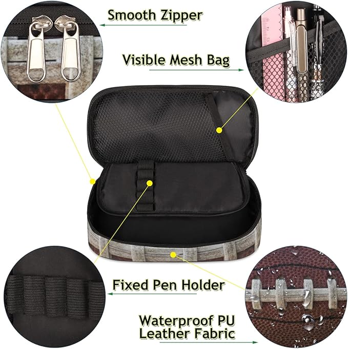 Pardick Rugby Ball Big Capacity Pencil Pen Case Football Large Pencil Pouch with Zipper Compartments Pencil Bag for Boys Girls Adults Student Office School Supplies