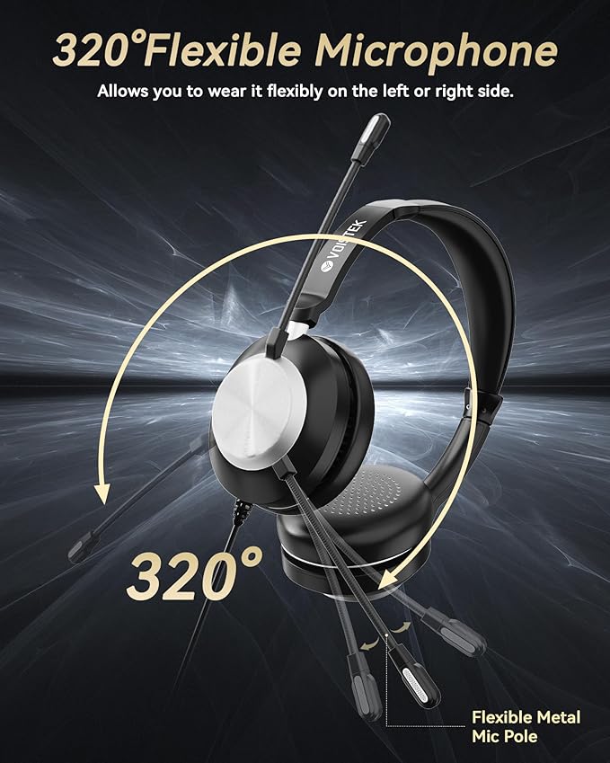 Voistek USB Headset with Microphone for PC & Laptop, On-Ear Computer Headset with Noise Canceling Microphone, in-line Control, All-Day Comfort for Work, Zoom, Teams, Online Meetings & Home Office