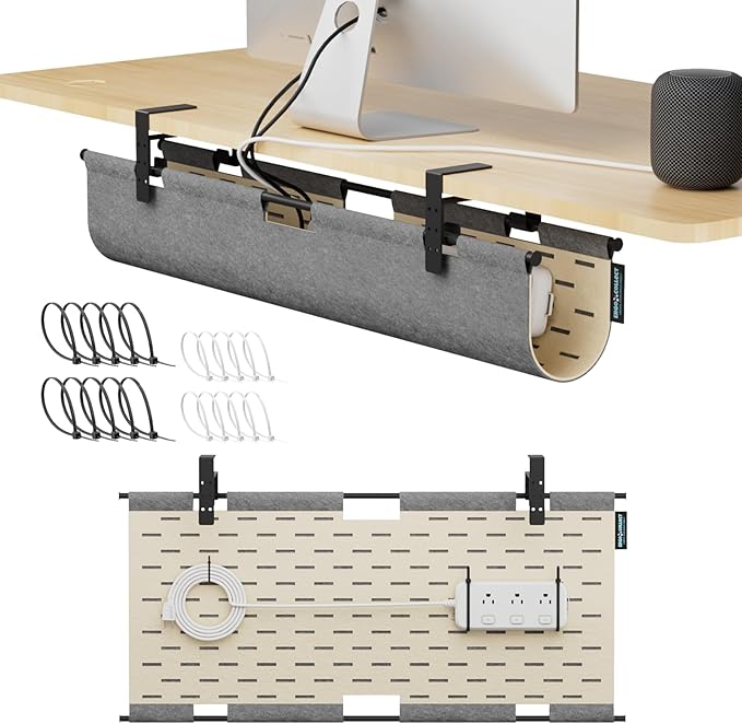 2-in-1 Under Desk Cable Management Tray & Privacy Panel, Dual-Sided Felt Cord Organizer to Hide Wires and Clutter, Desk Mount Cord Holder for Office and Home, Clamp or Screw Mount (Gray/Khaki, 30")