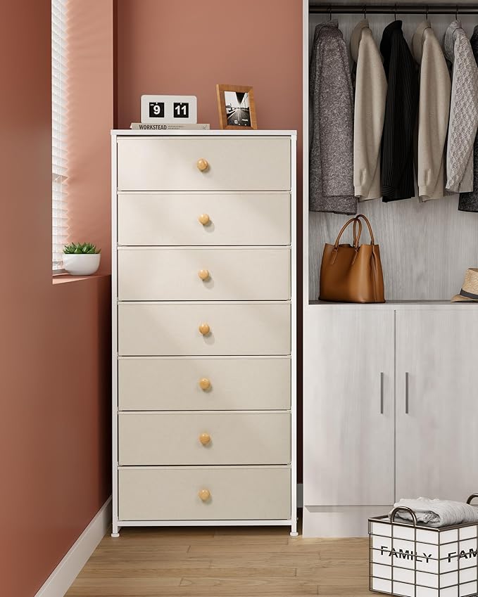 Crestlive Products Tall Dresser, 7-Drawer Wide Fabirc Storage Tower, Chests of Drawers - Vertical Organizer Unit for Bedroom, Hallway, Entryway, Nursery, Wood Top, Closets with Handles (Beige)