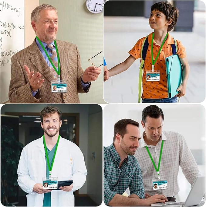 100 Pcs Clear Horizontal Badge ID Card and 100 Pcs Lanyard, Reusable Lanyards for Id Badge Holder Name Tag Badge Holder with Lanyards for Adults Kids Business School Conferences (Green)