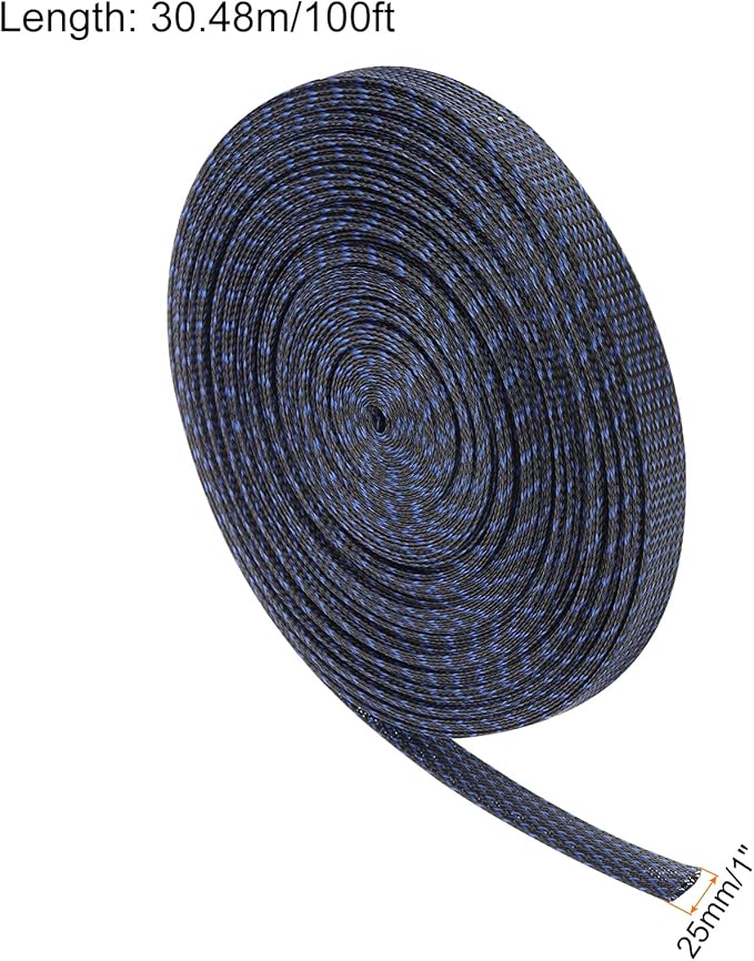 100ft PET Expandable Wire Loom 1 Inch, PET Braided Wire Sleeving Cable Management Sleeve Tubing [for Audio Video Home Office Cord Protector]-Black Blue
